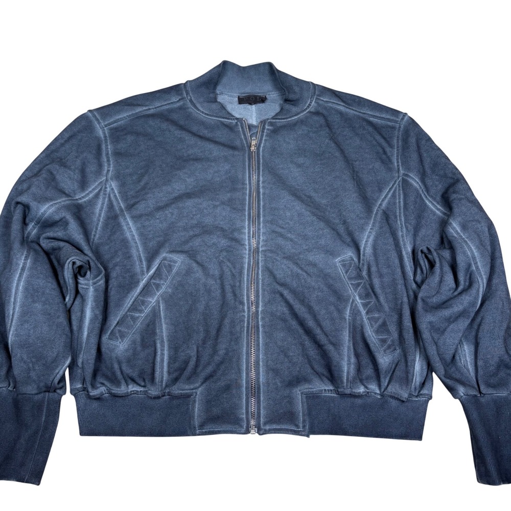 POL Womens M Blue Distressed Wash Short Bomber Jacket Zip Up Jersey‎